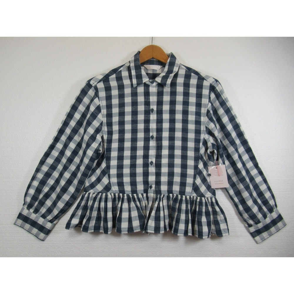 NEW Lauren Conrad Peplum Ruffle Boxy Blouse Women Small Blue Gingham Check